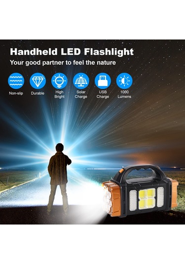 Aubyhe Oranj Büyük Boy Güneş Enerjili Usb Şarjlı 8 Modlu Çift Butonlu Cob El Feneri - Kamp Ve Acil Durum Işığı Çok Renkli