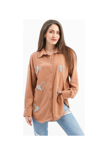 Taşlı Kalp İşlemeli Keten Gömlek - Vizon-vizon Vizon