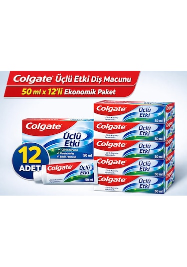 Colgate Üçlü Etki Diş Macunu 50 Ml Çürük Koruma & Ferah Nefes 12 Adet