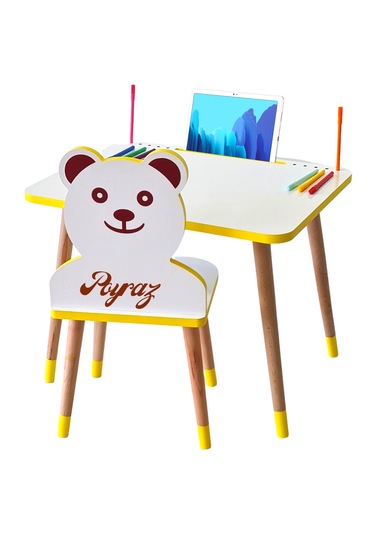 Çocuk Ders Çalışma Masa Sandalye Takımı 2-6 Yaş Sarı Ayıcıklı