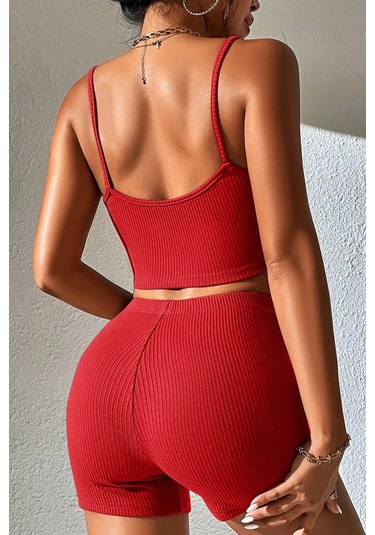 Kadın Kırmızı Şortlu Kaşkorse Gecelik Takım Çok Renkli