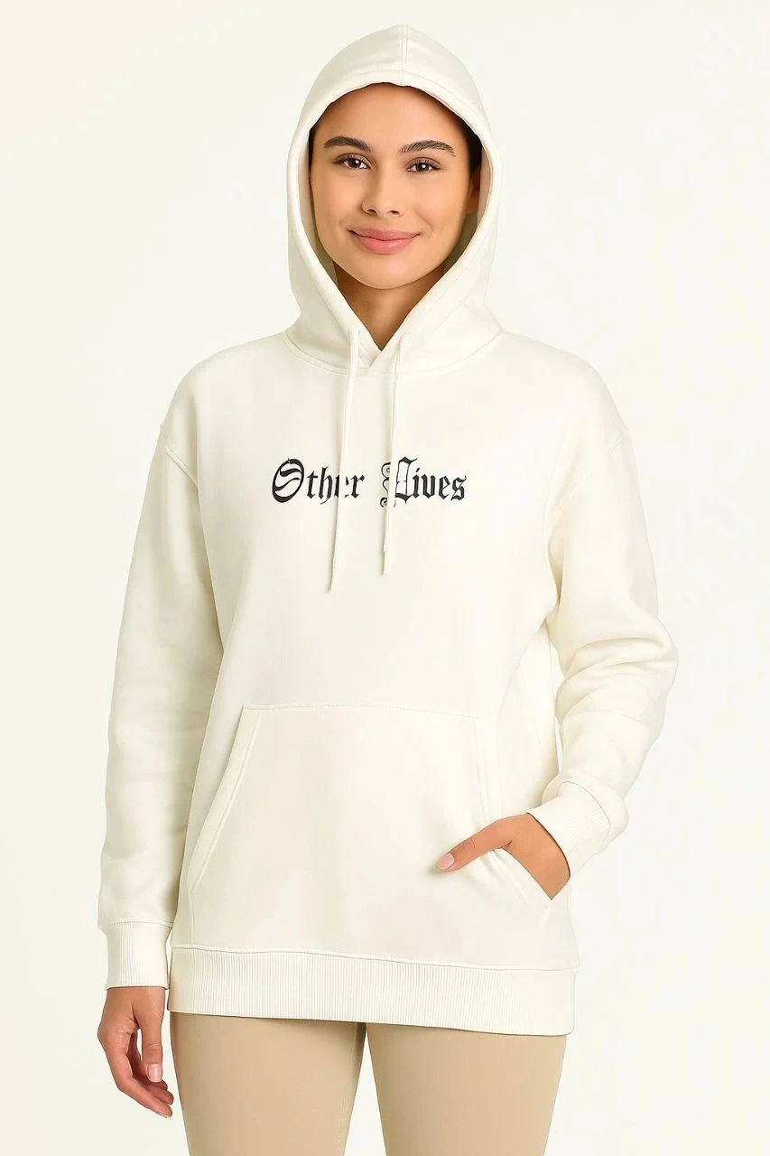 Kadın Kapşonlu Sweatshirt Oversize Üç İplik Şardonlu Hoodie, Other Lives Ön & Arka Baskılı, Kang Beyaz