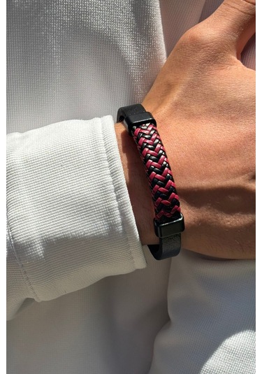 El İşçiliği İle Üretilmiş Hakiki Deri Erkek Bileklik Kırmızı - Siyah