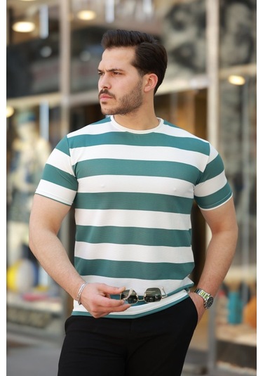 Erkek Çift Renk Pamuklu Örme Kumaş Kısa Kollu T-shirt Yeşil