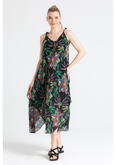 Askılı Vual Afrodit Midi Boy Elbise Etnik Siyah 6193 - Kadın Siyah