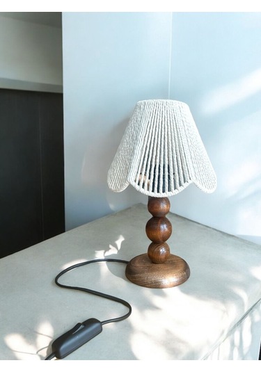 Makrome El Yapımı Bohem Ahşap Ayaklı Rustik Abajur Yatak Odası Salon Kafe Beyaz