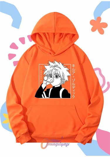 Çocuk Unisex Hunter Killua Anime Baskılı Oversize Kapüşönlü Sweatshirt Turuncu