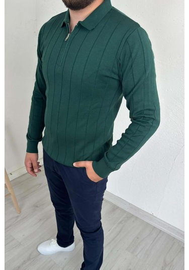 Explode - Erkek Yeşil Çizgili Fermuarlı Polo Yaka Triko Kazak Yeşil
