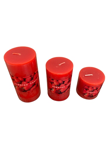 Silindir Mum 3'lü Kokulu Büyük Mum Dekoratif Mum Seti Kirmızı