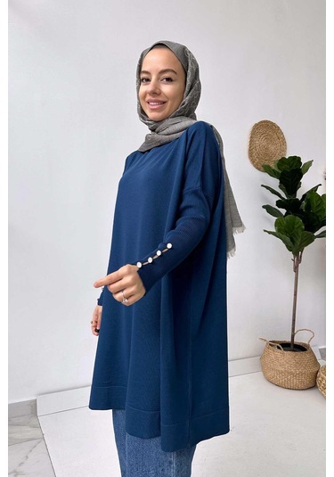 Kol Detay Merserize Tunik - Petrol Petrol Mavi