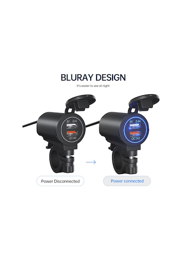 Maiyame Siyah Ip65 Su Geçirmez Usb Şarj Cihazı - Qc3.0 Hızlı Şarj + Normal Usb, M1 Anahtarlı Tutucu, Mavi Işık, 12-24v Dc