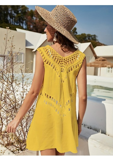 Zarif Tığ İşi Şık V Yaka Kolsuz Yarı Transparan Plaj Elbisesi Sarı