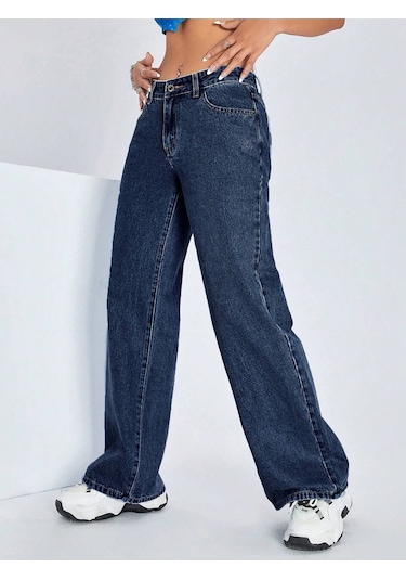 Straight Kadın Denim Pantolon Koyu Yıkamalı Mavi