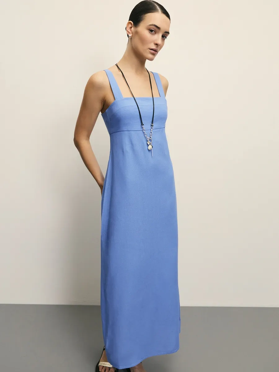 Zarına Uzun Keten Elbise, Kare Yaka 354677895 Beyaz