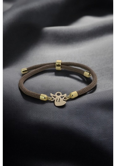 Archin U Harfine Özel Mevlana Figürlü Kahverengi Örgülü 14 Ayar Altın Plakalı Hediye Bileklik-335harf Altın
