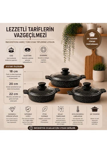 Nirvana 6 Parça Döküm Sahan Set Siyah Cam  Kapaklı - 18/20/22 Eşit Isı Dağılımlı