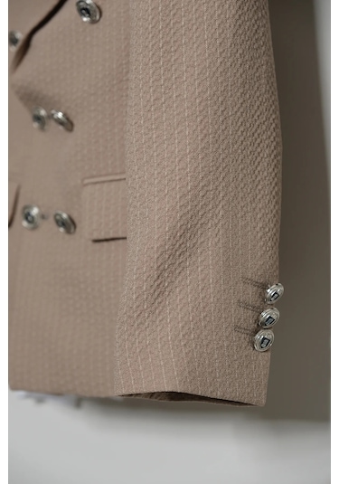 Erkek Çocuk Çizgili Ceket Gömlek Pantolon Papyonlu Takım Elbise Te.1001y Vizon