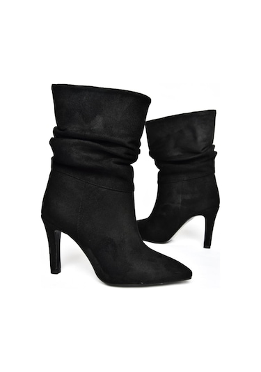 Fox Shoes R404020302 Siyah Süet İnce Topuklu Büzgülü Kadın Bot Siyah