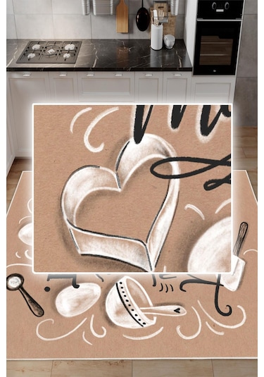 Dijital Baskılı Dekoratif Kaymaz Taban Yıkanabilir Bake Make It Desenli Halı Mutfak Halısı Yolluk Salon Halısı Krem