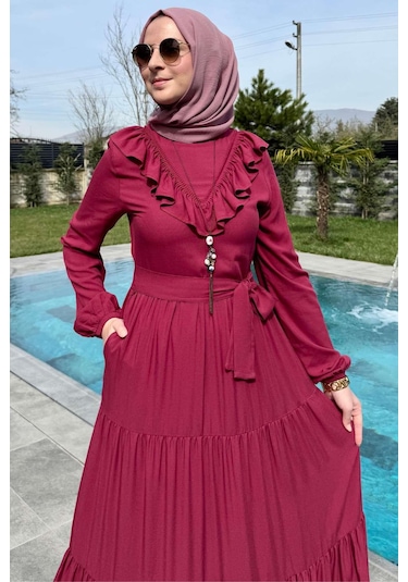 Rabia Şamlı Jale Elbise Bordo Normal