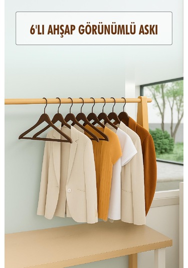 6 Lı Ahşap Görünümlü Askı Kahve 44 Cm Kahve