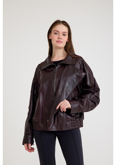 Oversize Kısa Bayan Deri Ceket Vb-14-bk-2847-24115 Bordo