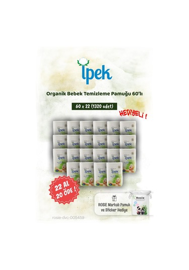 İpek Organik 60'lı 22 Al 20 Öde Bebek Temizleme Pamuğu Ve Rosie Pamuk Hediye
