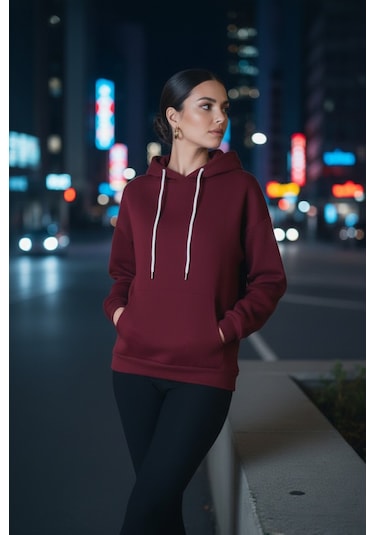 Bordo Şardonlu Kapüşonlu Sweatshirt Bordo
