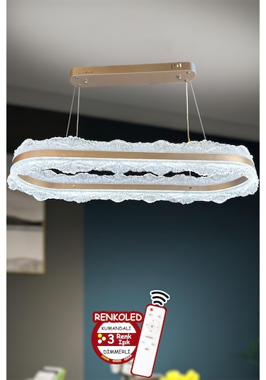 3 Renk Işıklı Kumandalı Modern Sarkıt Led Avize Salon ,oda ,mutfak ,hol Yemek Masası90cm Çiçek Rose Gold