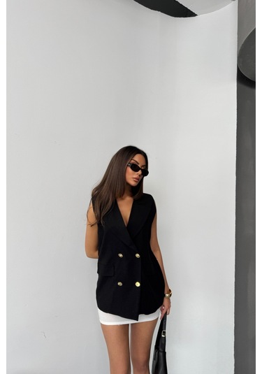 Modasize Gold Düğmeli Keten Yelek - Siyah Siyah