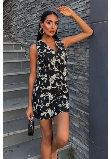 Nakışlı Yelek Şort Etekli Keten Takım 10226-08 Si Yah