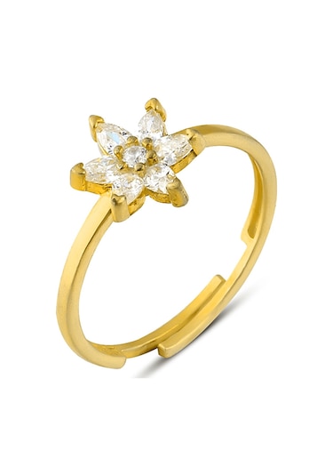 Zanaatsilver 925 Ayar Gümüş Altın Kaplama Beyaz Taşlı Nilüfer Çiçeği Yüzük