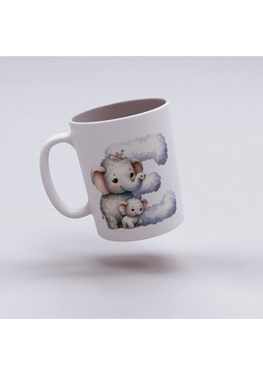 E Harfi Tasarım Bardak, Sevimli Hayvan Temalı Harf Bardağı Beyaz