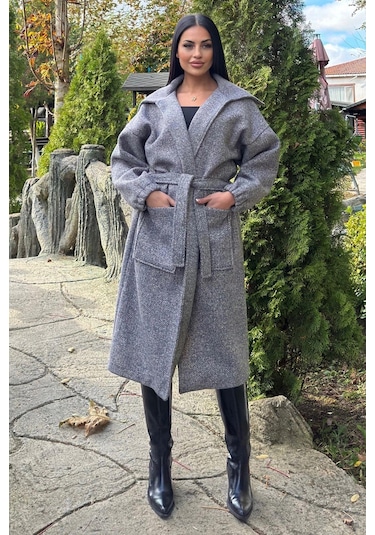 Antrasit Cepli, Balon Kol, Kemerli, Kalın Örgü Triko, Uzun Kaban Antrasit