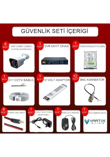 6 Kameralı 500 Gb Hdd 5mp Lensli 1080p Fullhd Kamera Seti - Su Gecirmez- Sabit İp Gerektirmez