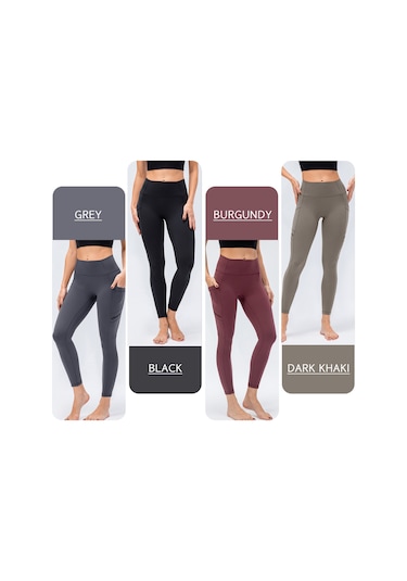 Kosona Kadınlar Yüksek Bel Dört Cep Spor Tayt - Yoga, Koşu, Bisiklet İçin Dayanıklı Nilon-spandex Gri Avrupa Numara 6/m Gri