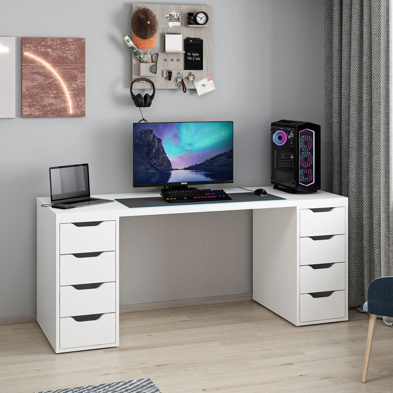 Alen 180 Cm 8 Çekmeceli Geniş Çalışma & Oyuncu Masası - Beyaz Beyaz