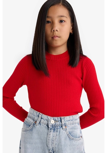Defacto Kız Çocuk Fitted Bisiklet Yaka Ribana Kazak E9849a825aurd117 Kırmızı