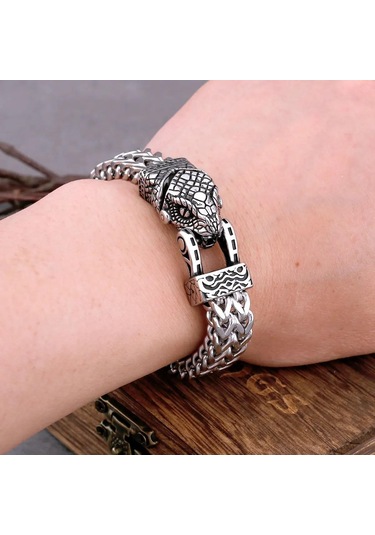 Yüksek Kaliteli İskandinav Viking Asla Solmaz Paslanmaz Çelik Baskın Yılan Kafa Bilezik Erkekler Takı Hediye Moda Punk Charm Bilezik Gümüş