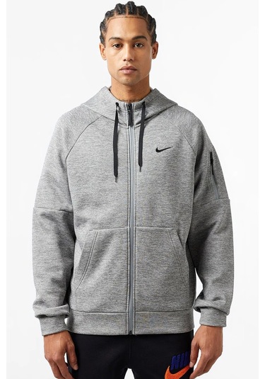 Nike Therma Fit Full Zip Hoodie Erkek Kapüşonlu Termal Fermuarlı Sweatshirt Gri Gri Melanj