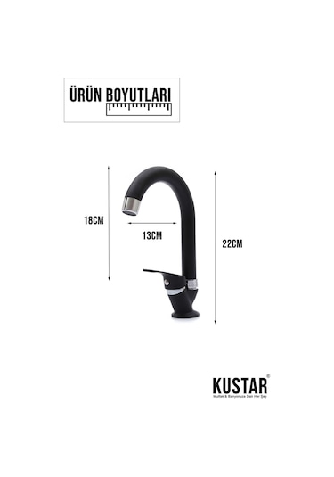 Kustar Tek Su Girişli Mat Siyah Mix Lavabo Bataryası Aç Kapa Musluk
