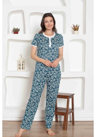 Kadın Çiçek Desen Bisiklet Yaka 3 Düğmeli %100 Pamuk Penye İnce Yazlık Kısa Kol Pijama Takımı Mavi
