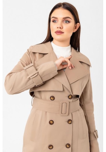 Pastelastore %100 Pamuk Gabardin Uzun 110cm Astarlı Kemerli Kadın Trençkot 1111 Yeni Bej