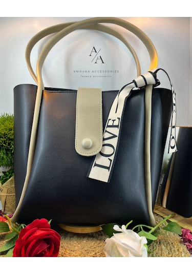 Kontrast Biye Detaylı Modern Dikey Tote Çanta Love Askılı Siyah Bej Kontrast