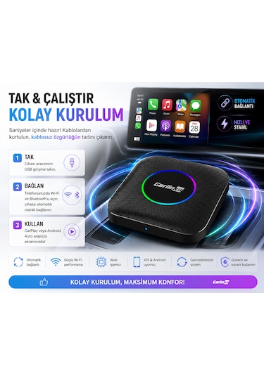 Carlinkit Tbox Max Ambient 13.0 8gb/128gb Kablosuz Carplay & Android Auto Diğer