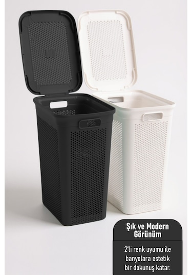 İronika Slim İki Bölmeli Kapaklı Dekoratif Kirli Çamaşır Sepeti 90 Litre Siyah - Beyaz Siyah