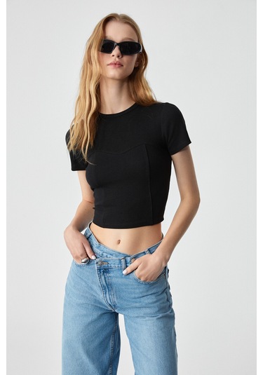 CERAEN  Kadın Slim Kısa Kol Bisiklet Yaka Siyah T-Shirt