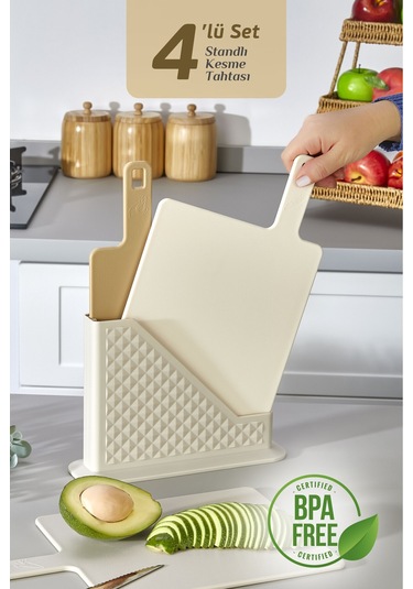 4'lü Tezgah Üstü Standlı Kulplu Kesme Tahtası - Çoklu Doğrama Tahtası Ekmek Sebze Et Kesim Panosu Bej