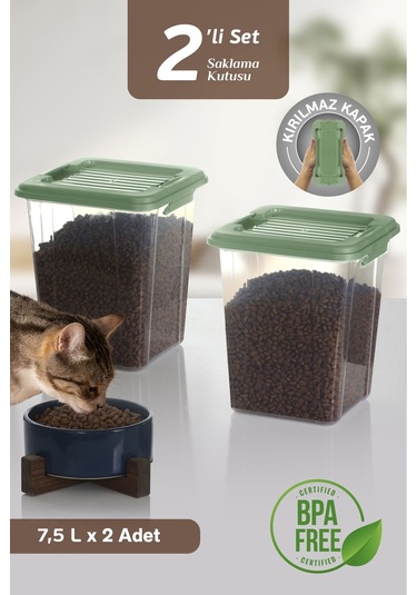 Moi 2'li Mega 7,5l Kedi Köpek Kuru Mama Saklama Kabı - Kilit Kapak Çok Amaçlı Düzenleyici Saklama Kutusu