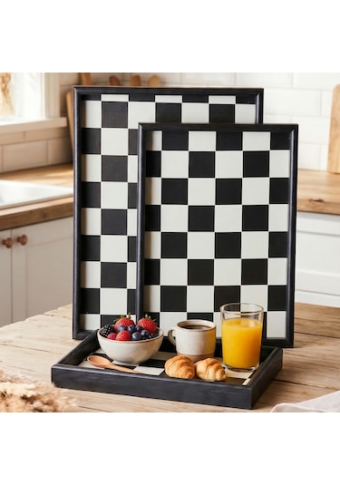 Porsima 1301050047 Ahşap Tepsi 3lü Set Çay Kahve Bambu Sunumu Dama Desenli Tepsi Seti Siyah- Beyaz